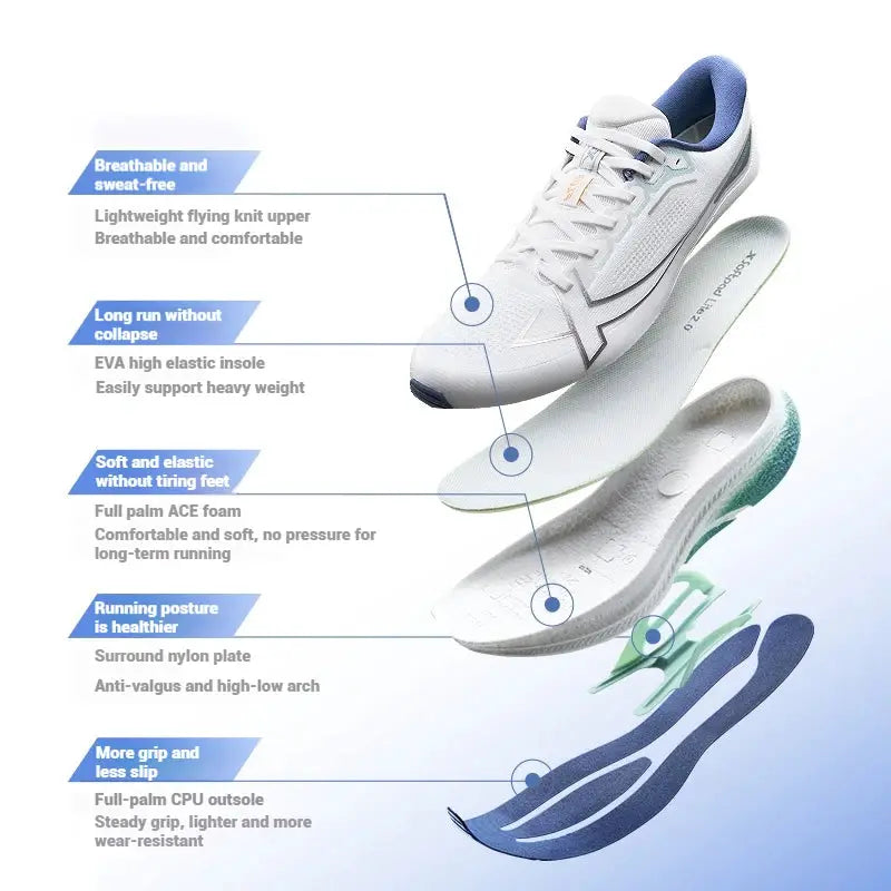 Xtep 2000km Plus running shoes, white with blue lining, anti-slip men's training sneakers by Simples Market