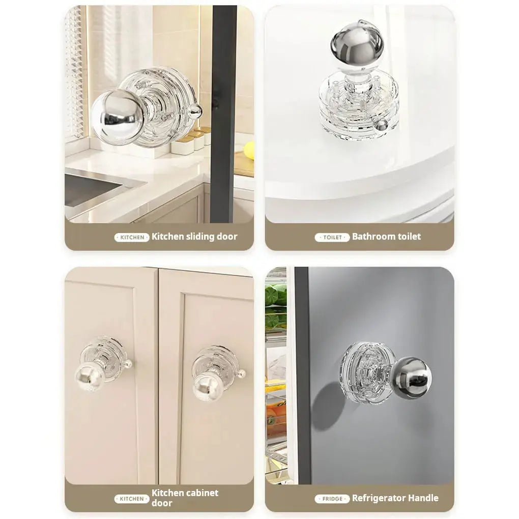 Simples Market transparent suction cup handrail; 4 uses shown: bathroom, cabinet doors, sliding door, refrigerator.