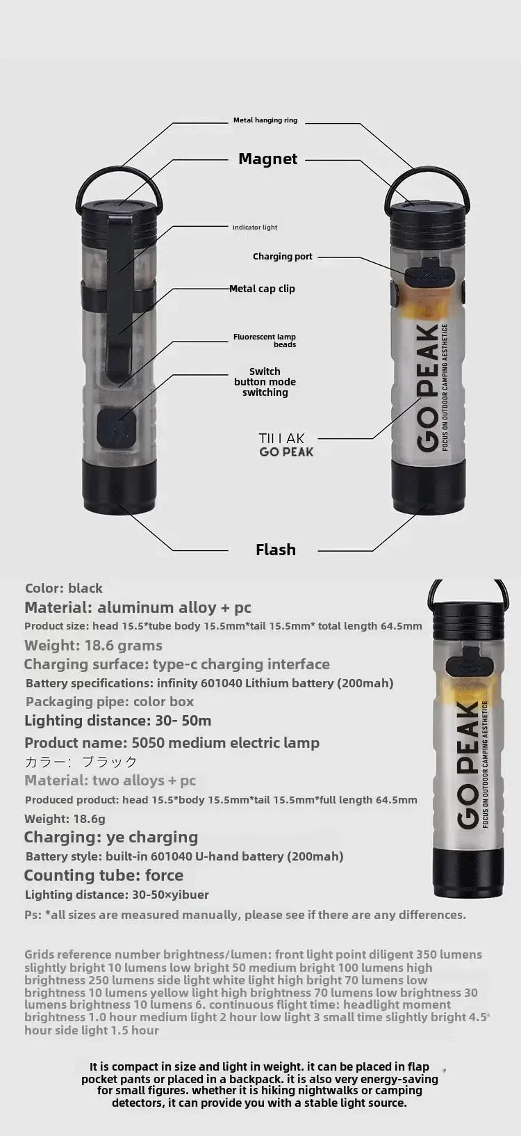 GOPEAK pocket mini flashlight with black aluminum alloy body and key clip