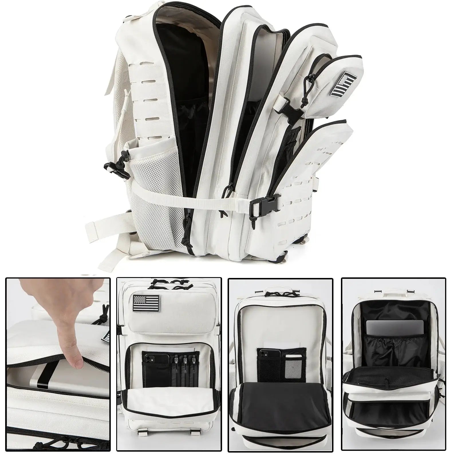 Simples Market 25L/45L tactical backpack, white with MOLLE webbing and water bottle holder