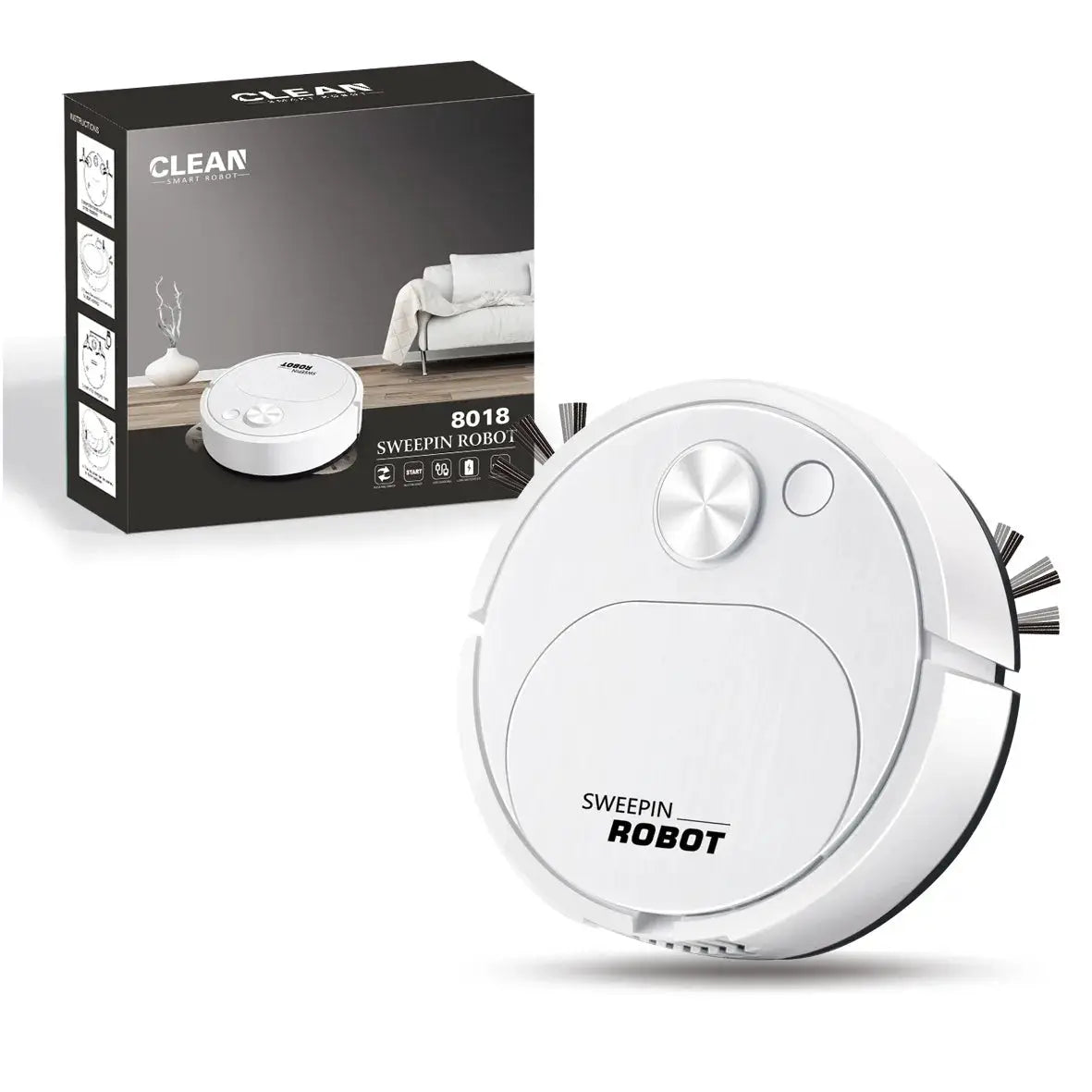 White circular robot vacuum cleaner labeled Sweepin Robot beside its packaging box