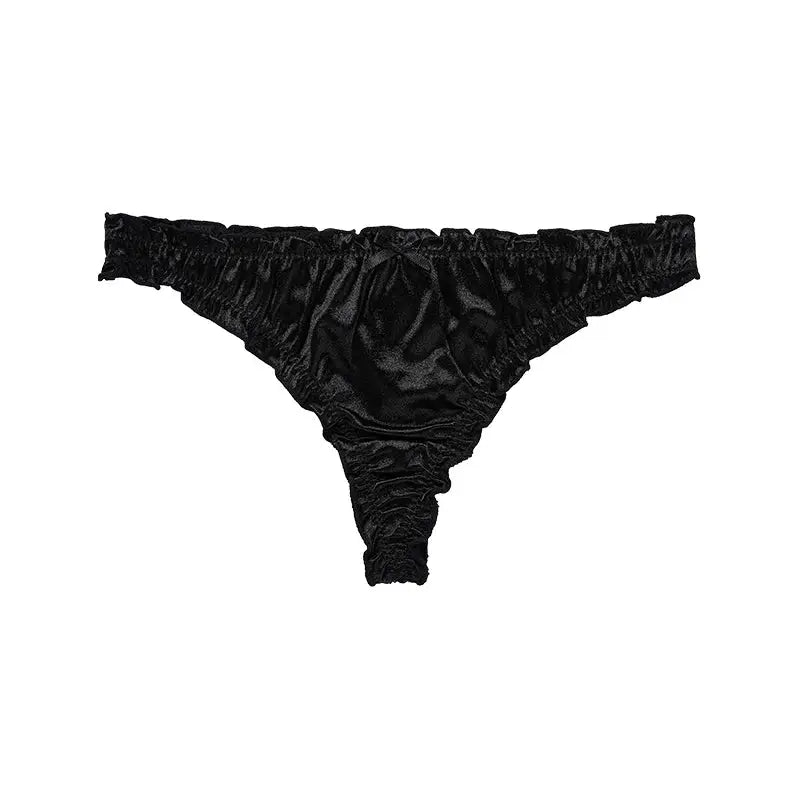 Thong underwear in black satin ice silk with frill trim, seamless no-show.