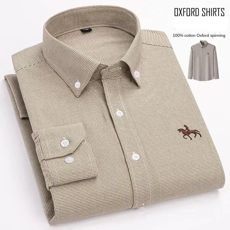 Beige casual pure cotton Oxford men's shirt with small check pattern, horse embroidery, long sleeves, regular fit