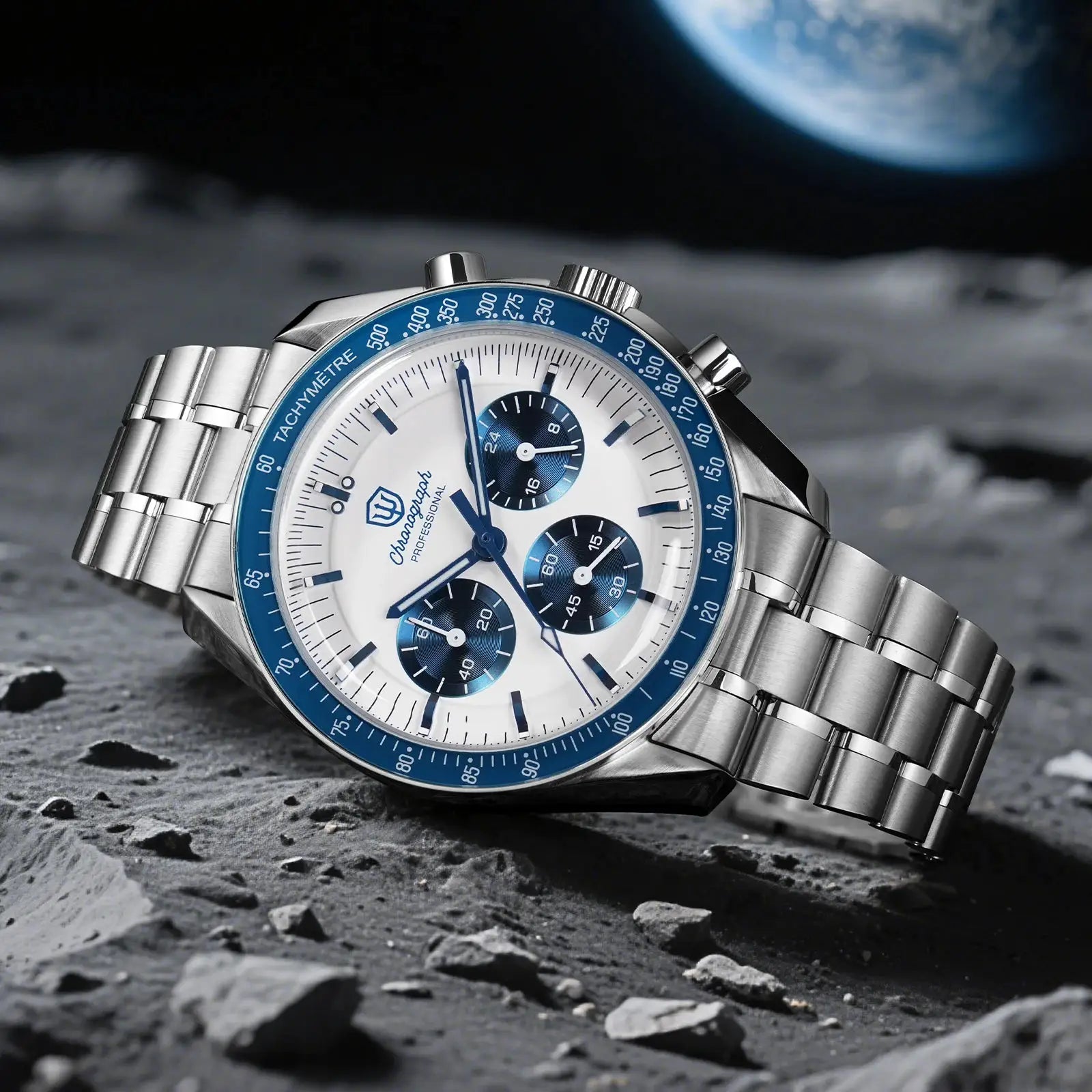 Watchdives WD1863 stainless steel chronograph watch with blue bezel, white dial and blue subdials