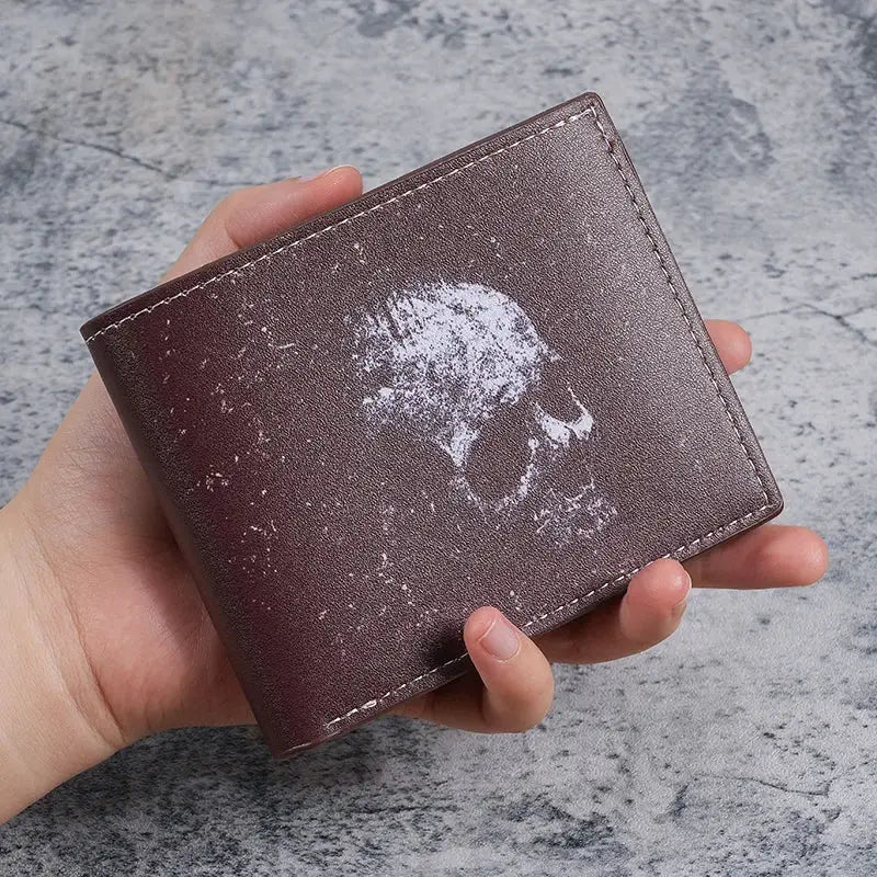 Bat skull print wallet; brown faux leather, compact short coin purse by Simples Market