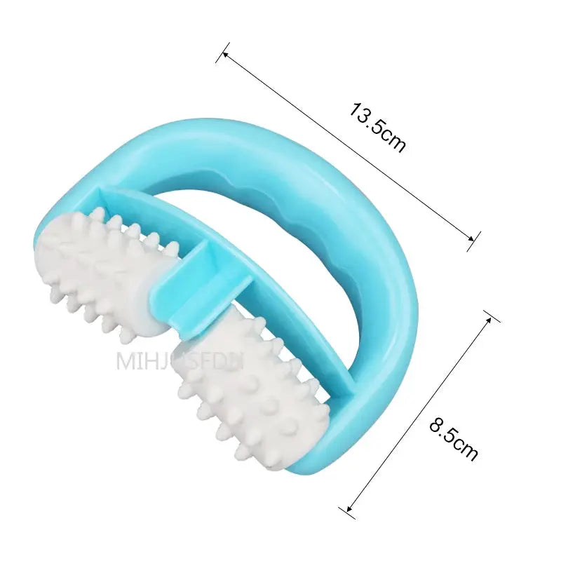 Fast anti cellulite roller massager handheld by Simples Market with blue curved handle and white textured roller