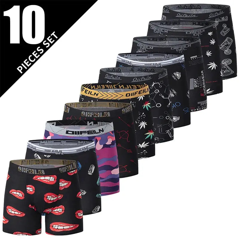 Simples Market 10-pack men's boxer shorts set with assorted prints; breathable, stretchy underwear