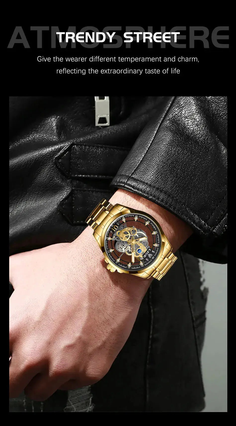 LIGE gold stainless steel skeleton men's watch, waterproof, with open-work dial on a wrist in a black leather jacket.