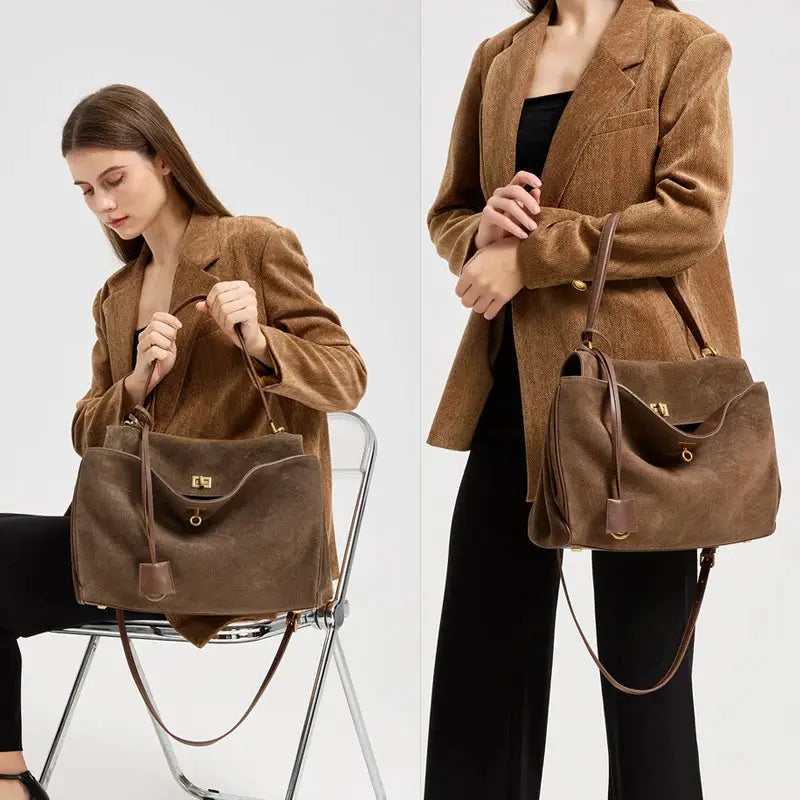 Luxora Autumn Winter Womens Suede Genuine Leather Shoulder Tote Bag Large Capacity Designer Handbag