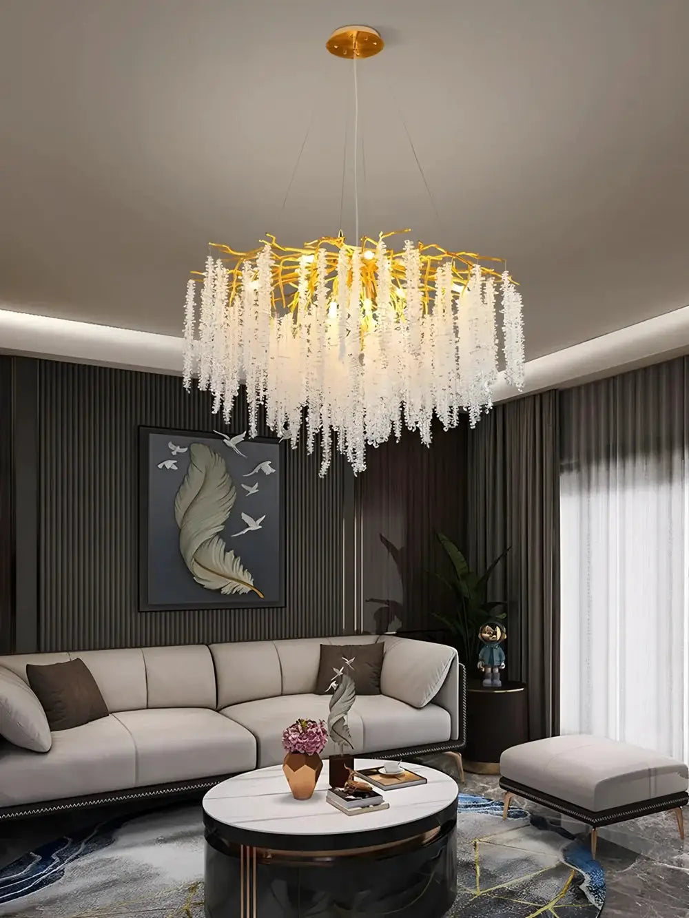 Modern crystal chandelier with gold frame and cascading crystal drops for living room lighting