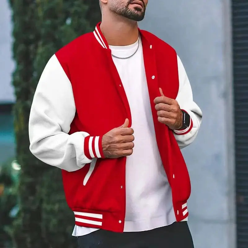 Men's varsity baseball jacket, red with white sleeves, striped cuffs, snap-front