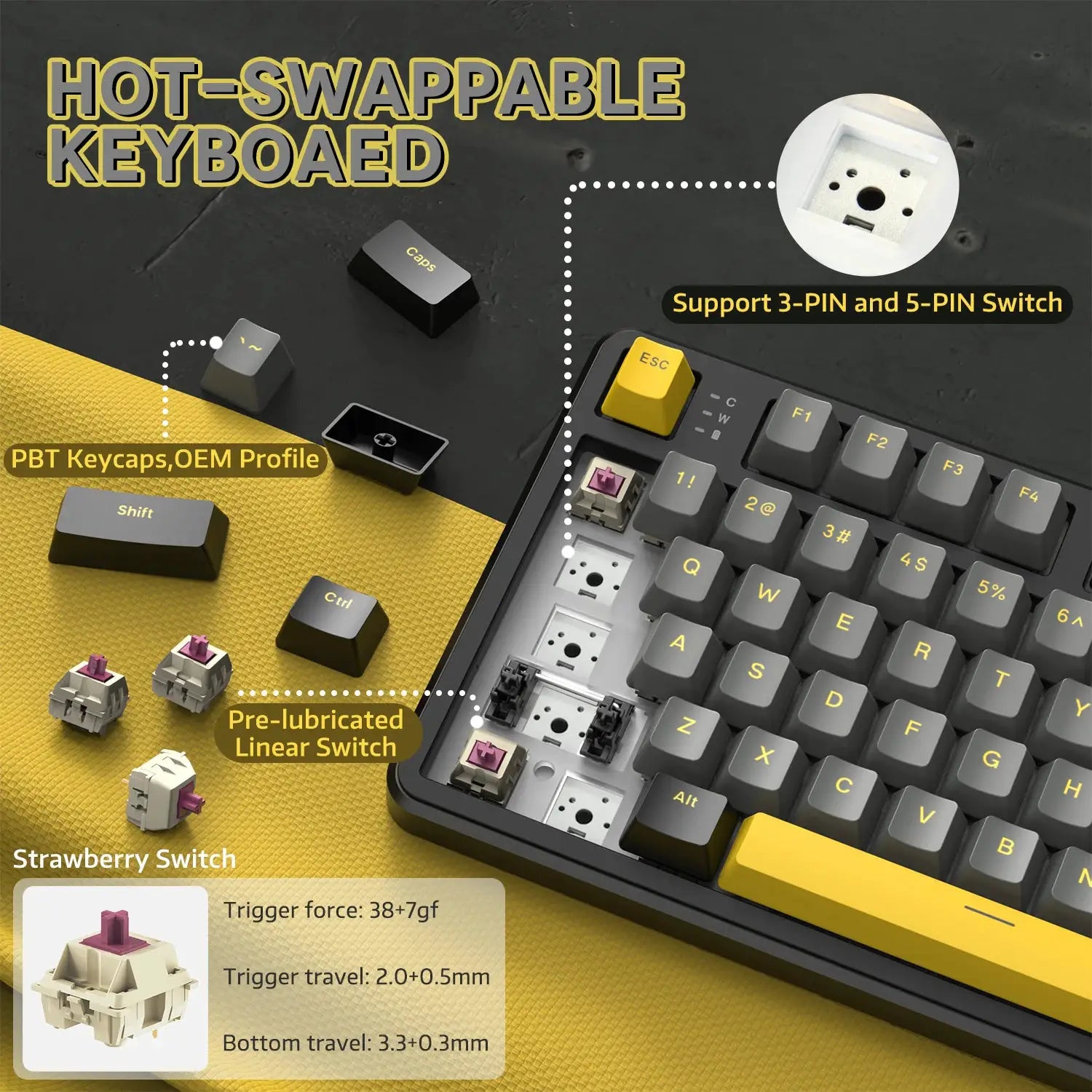 ATTACK SHARK X87 wireless mechanical keyboard by Simples Market, gray keycaps, tri-mode BT5.0/2.4GHz.