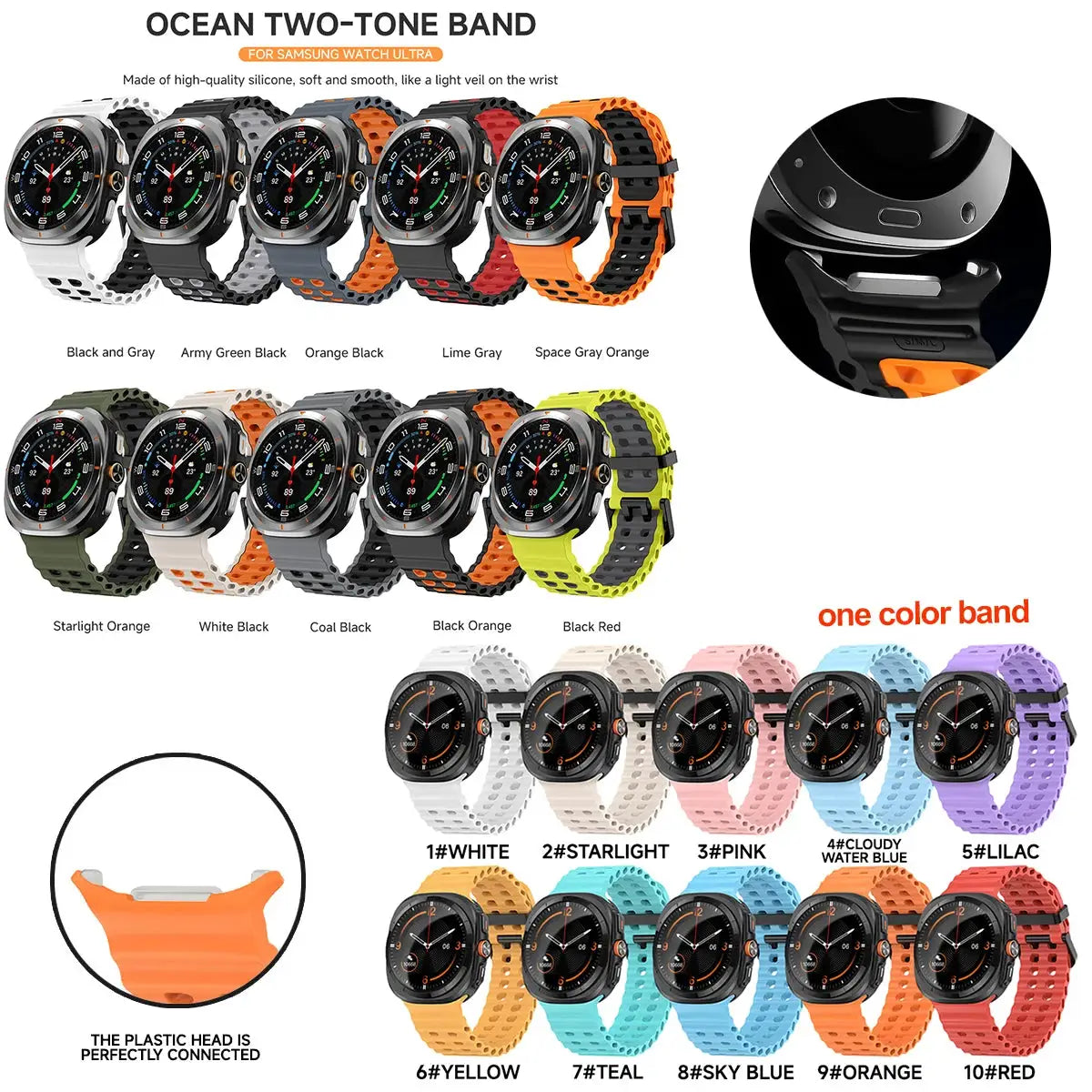 NEW Marine Silicone Strap For Samsung watch ultra 47mm Bracelet No Gaps Sport two-tone Band for Galaxy 8 ultra watchband 2030