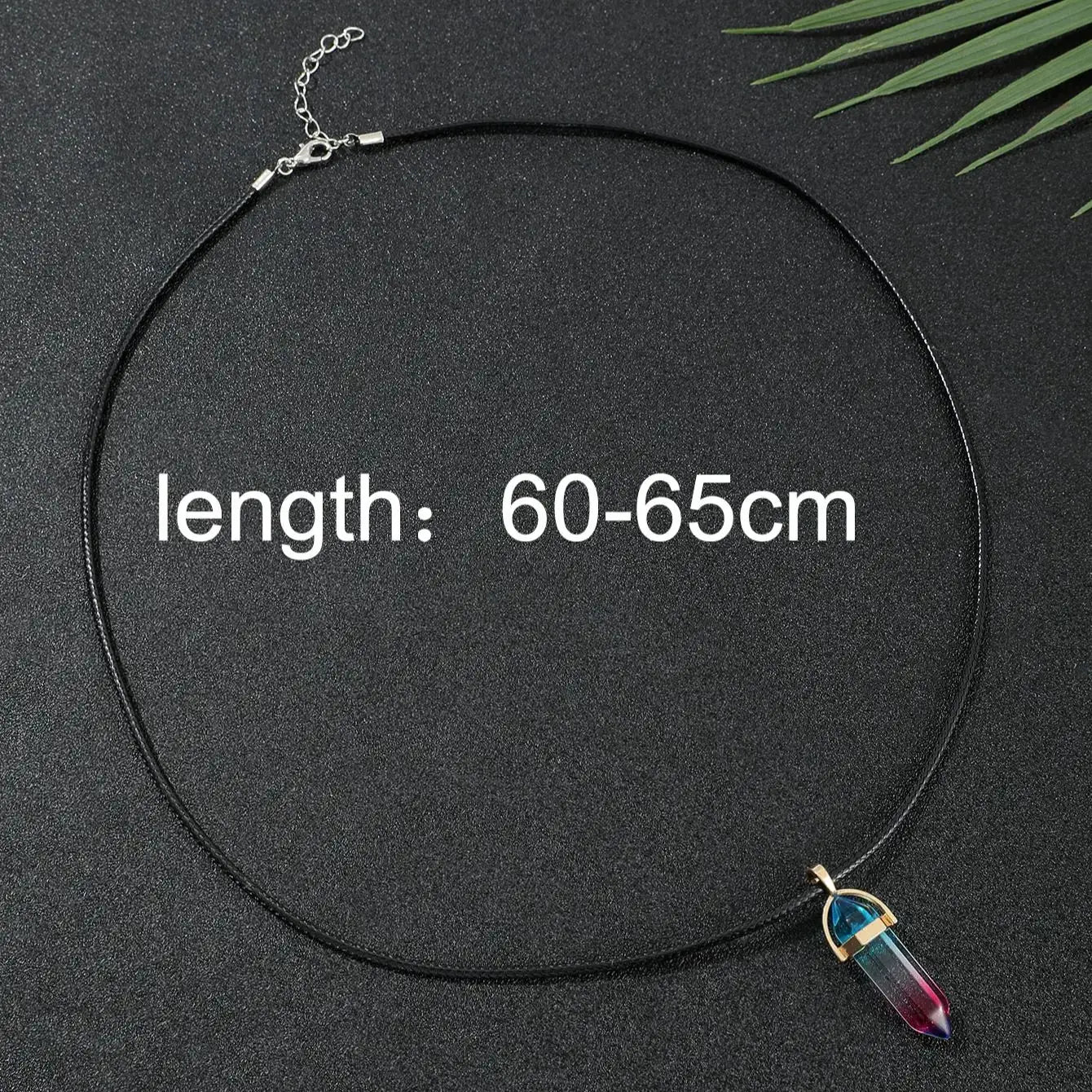 Hexagon pillar quartz pendant necklace on black leather cord with turquoise–pink crystal, adjustable 60-65 cm