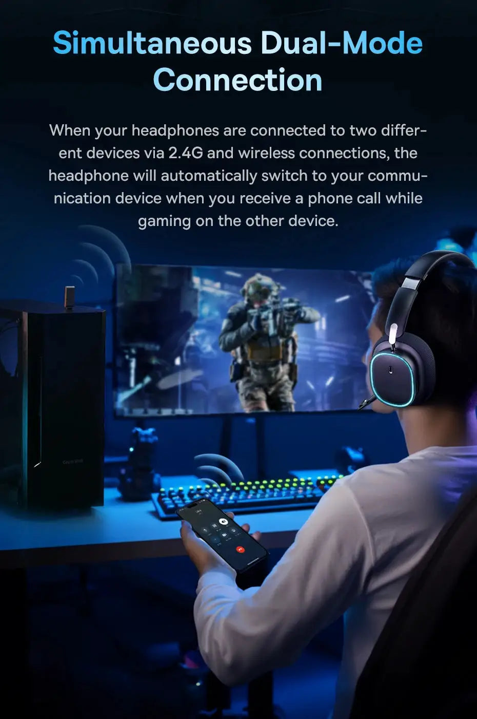 Baseus GH02 gaming headset with mic, black with blue RGB accents, over-ear