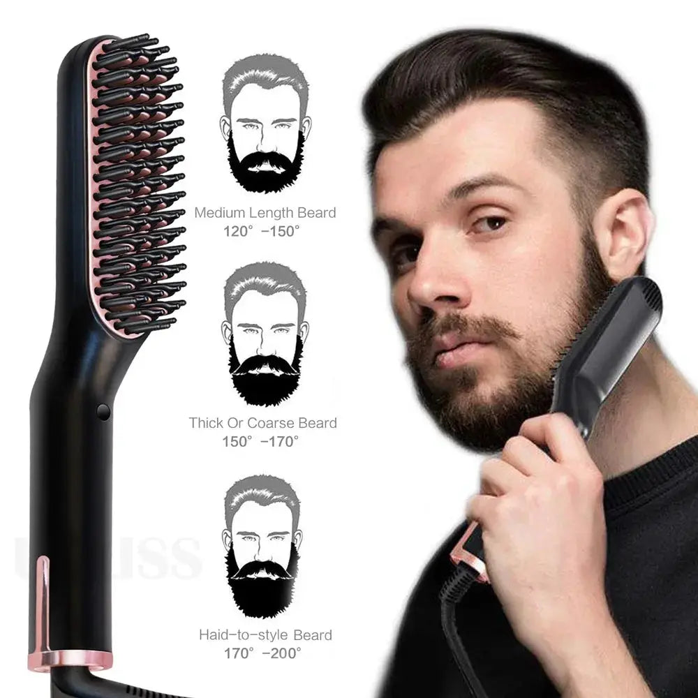Beard straightener and brush by Simples Market, 2-in-1 black device with rose-gold accents, wet/dry