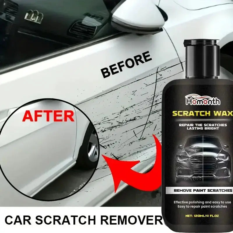 Car scratch remover wax by Simples Market on a white car panel with a glossy finish.