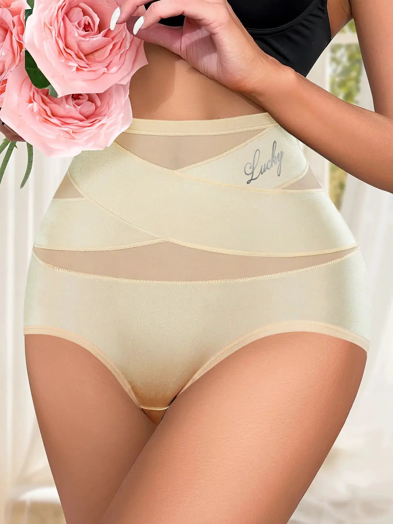 High-waisted women's panties in ivory ice silk with breathable mesh panels and cross tummy-cinching design; Lucky logo