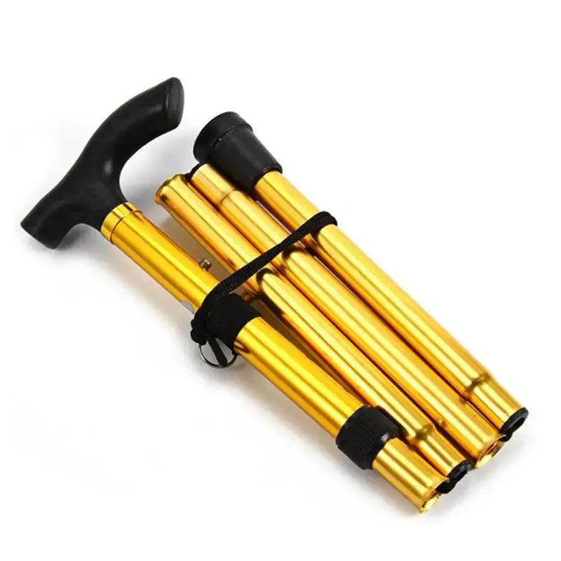 Telescoping trekking poles, set of four in gold aluminum with black handles.