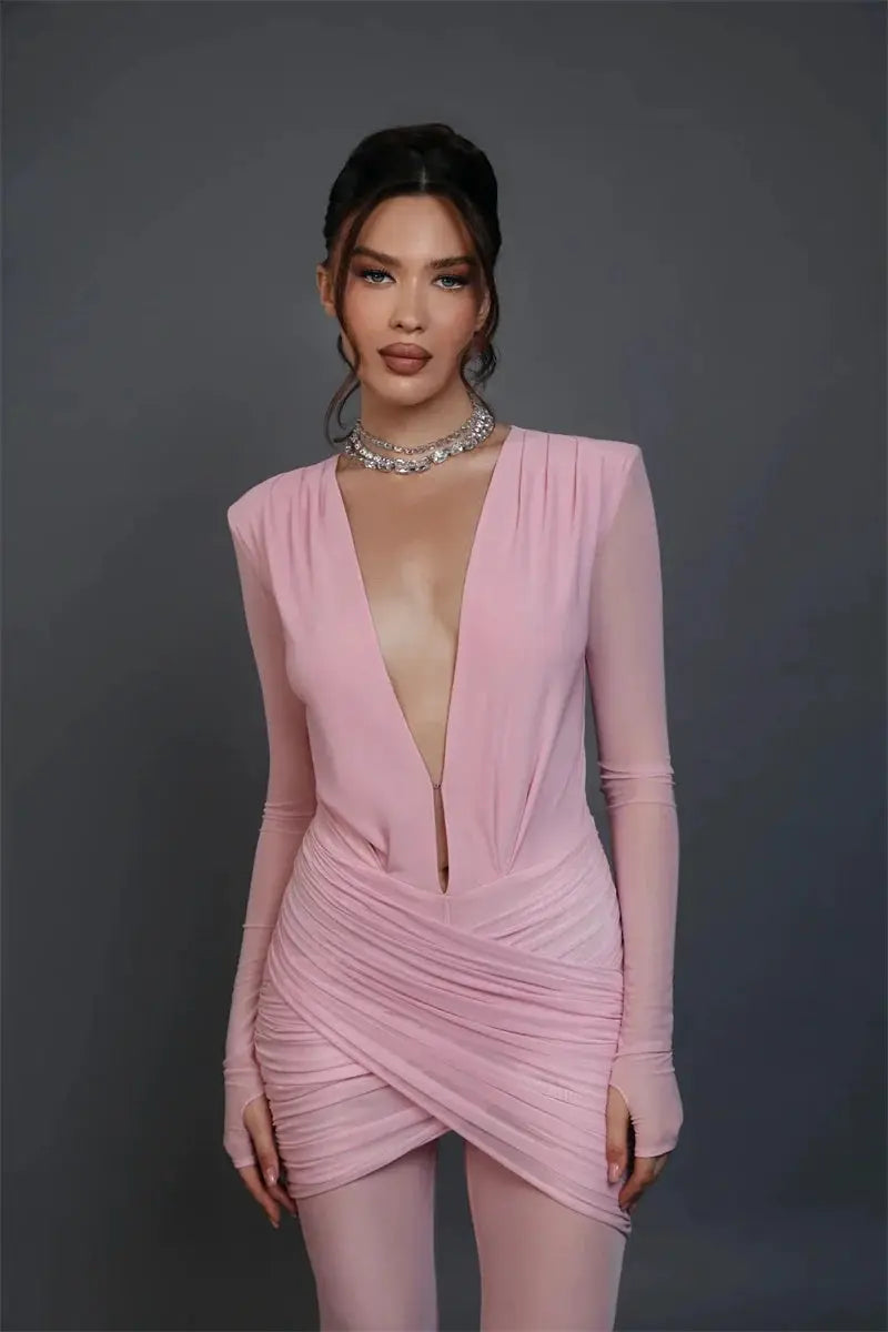 Jumpsuit pink with deep-V neckline, long sleeves, ruched front