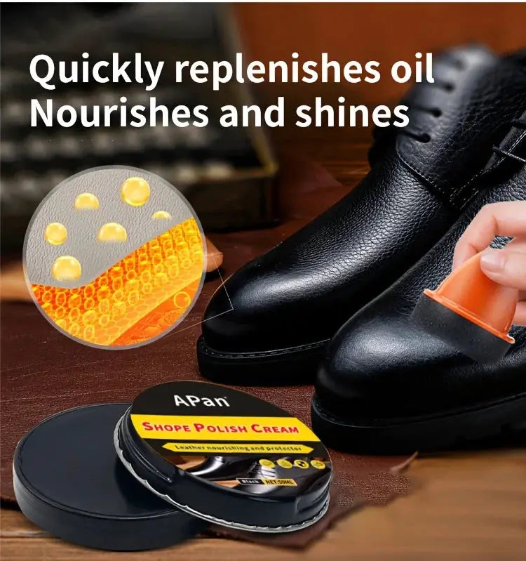Simples Market faux leather shoe polishing kit with black polish tin and orange applicator beside black leather shoes