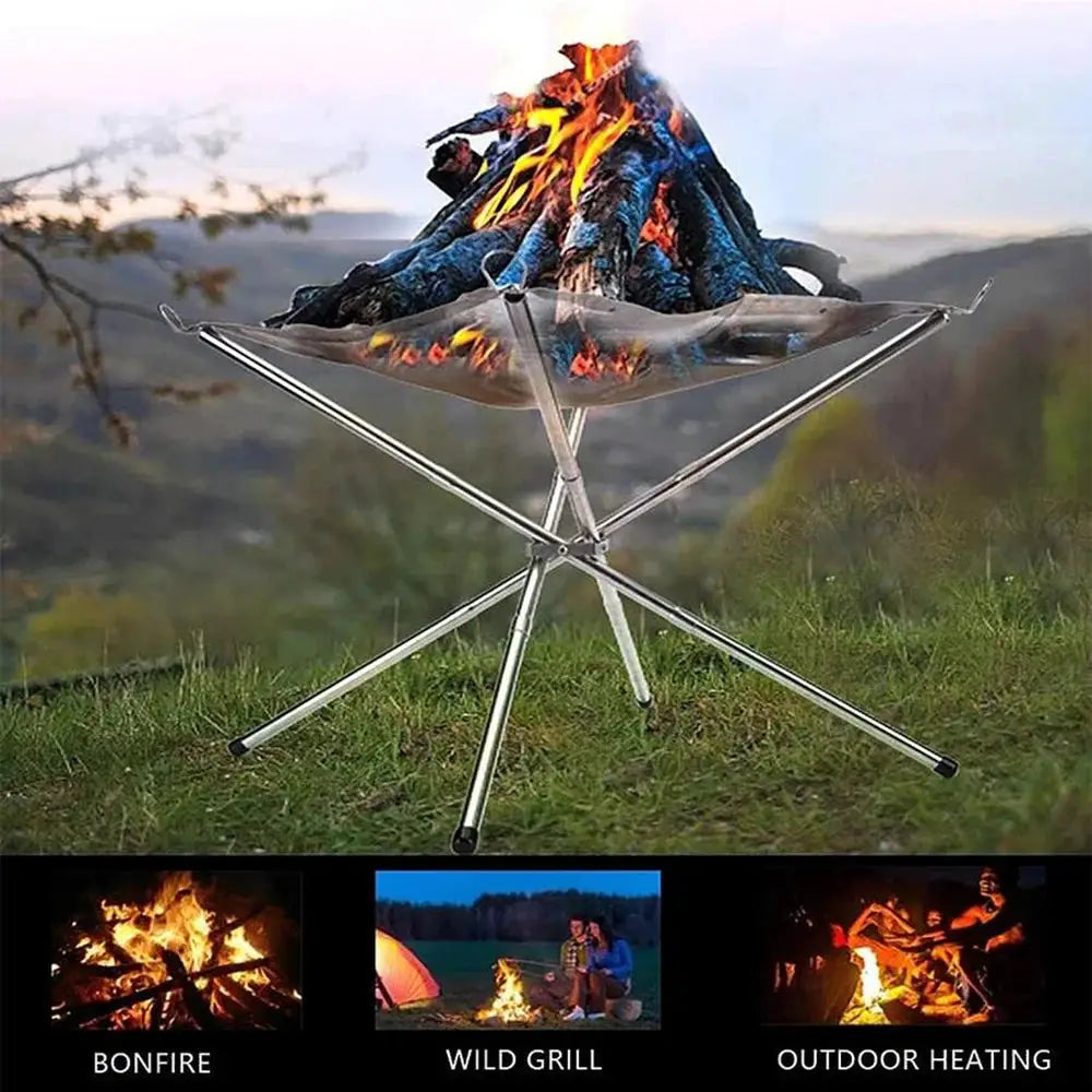 Outdoor bonfire rack: portable stainless steel fire pit with foldable cross-frame stand