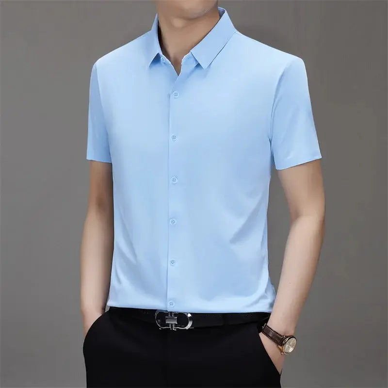 Men's light-blue short-sleeve business casual shirt, solid color.