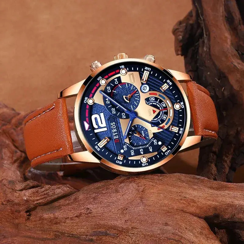 Two Piece Set Fashion Mens Calendar Watches Luxury Business Casual Brown Leather Strap Quartz Wristwatch