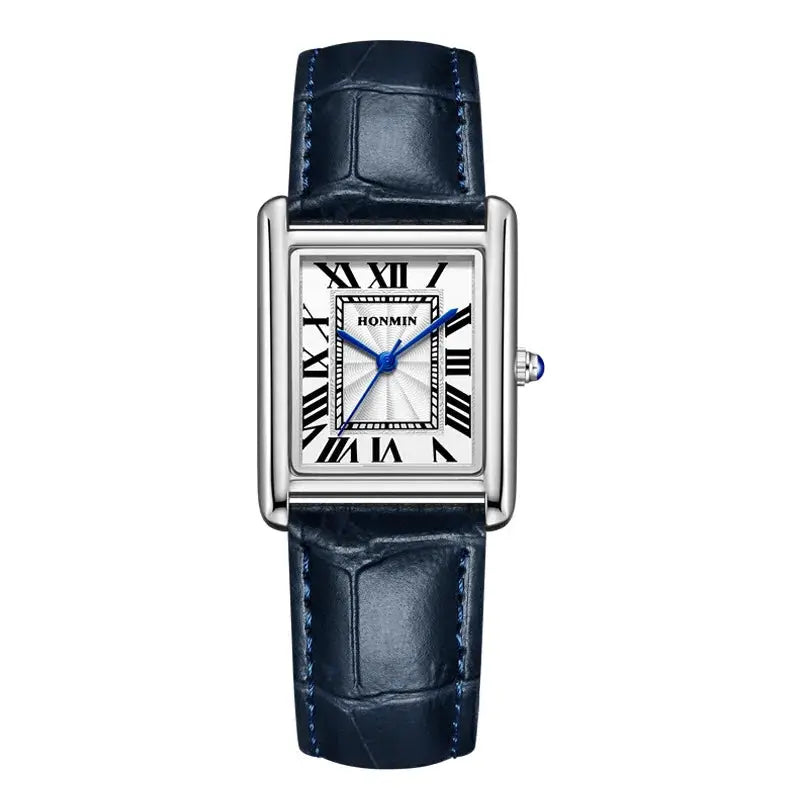 Rectangular stainless steel watch with blue leather strap, white Roman-numeral dial, blue hands, HONMIN.