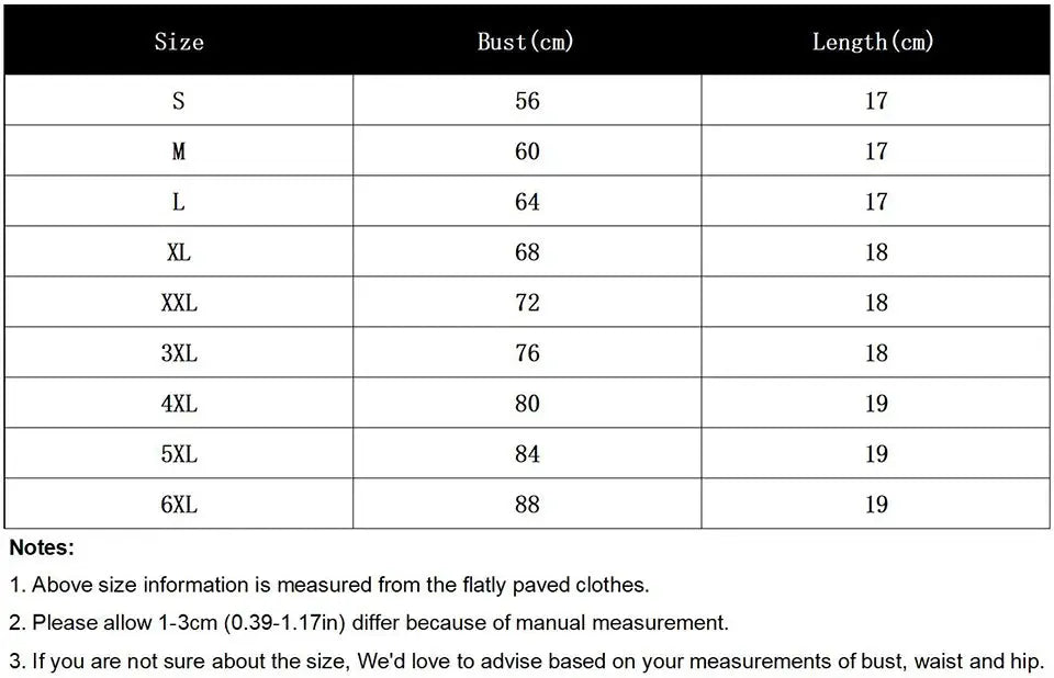 Strapless bandeau bra size chart for women's plus-size; bust 56–88 cm, length 17–19 cm