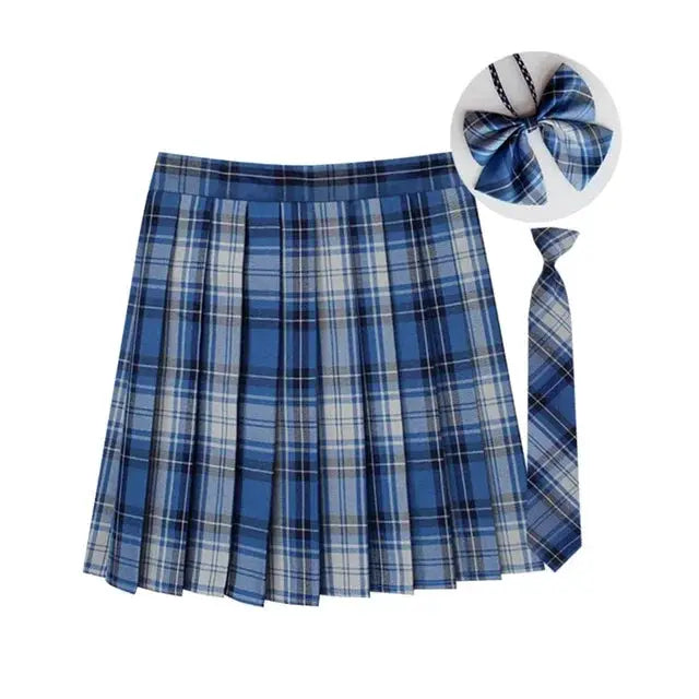 Women's blue plaid pleated mini skirt with matching necktie (2-piece set)