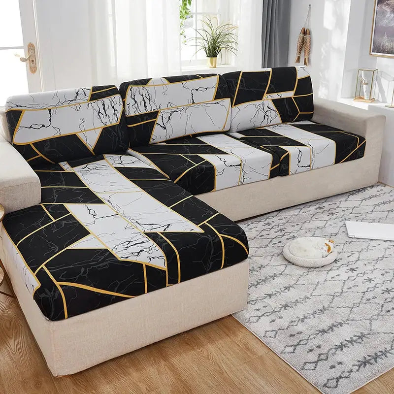 Elastic sofa slipcover by Simples Market in black-white marble with gold geometric lines, one-piece stretch cover