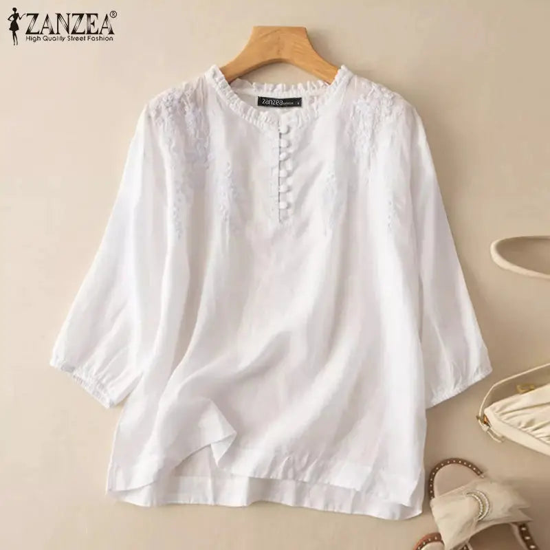 ZANZEA Summer Vintage Womens Blouse O Neck ThreeQuarter Sleeve Cotton
