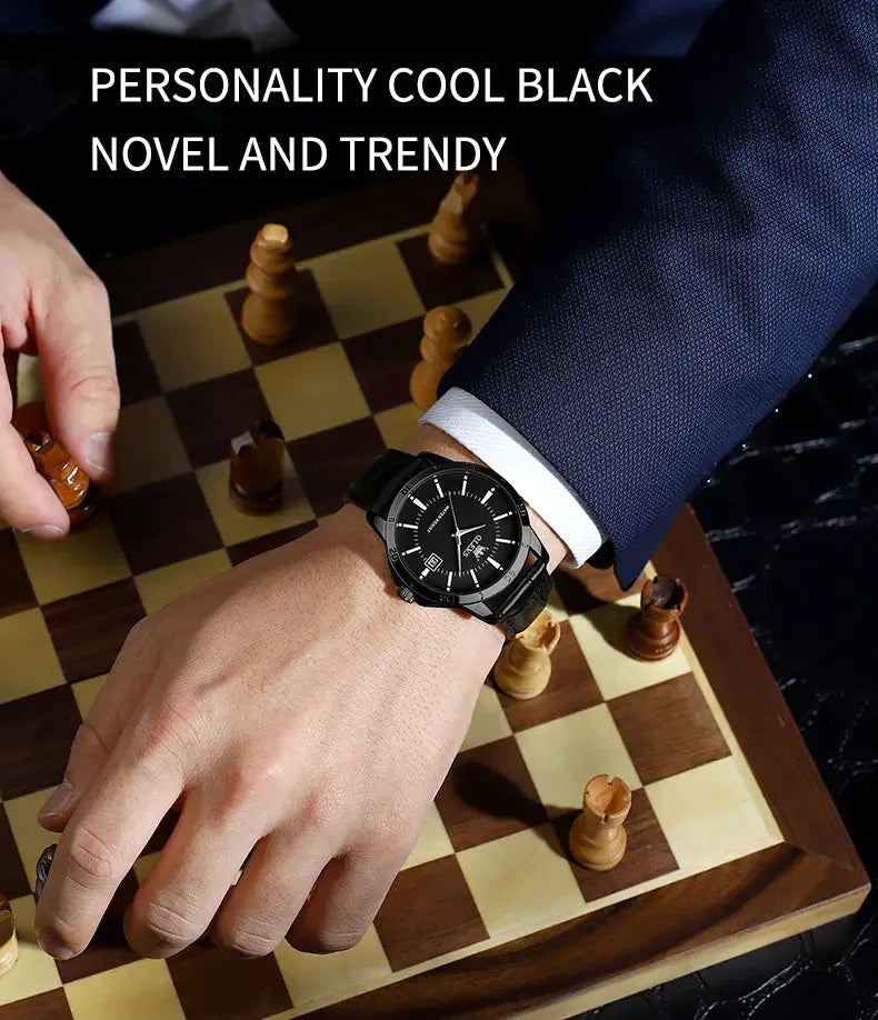OLEVS men's watch with black leather strap and calendar, waterproof quartz on the wrist over a chessboard