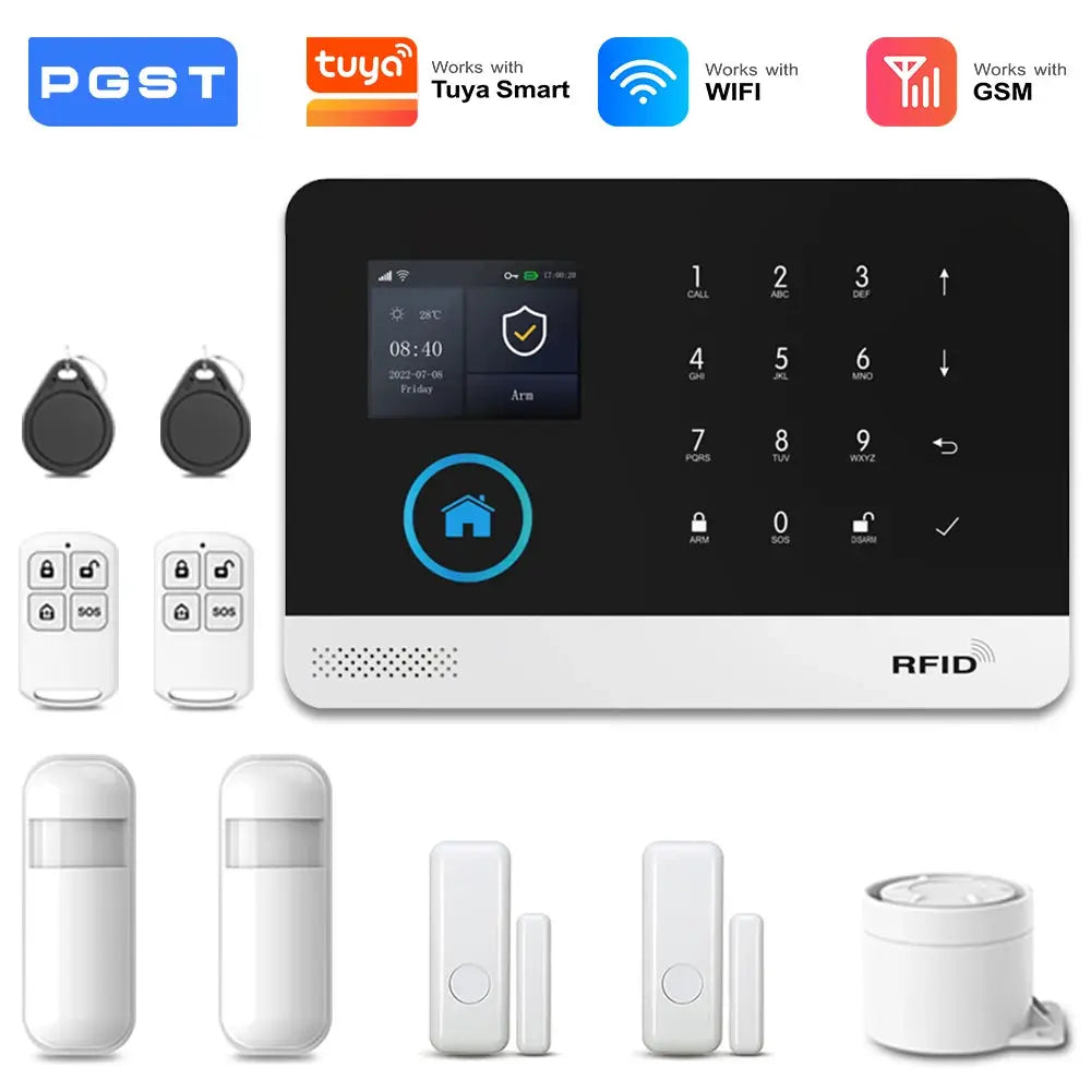 PGST 4G/2G WiFi GSM wireless alarm system with RFID touchscreen panel; includes 2 black PIR sensors, door sensors, siren
