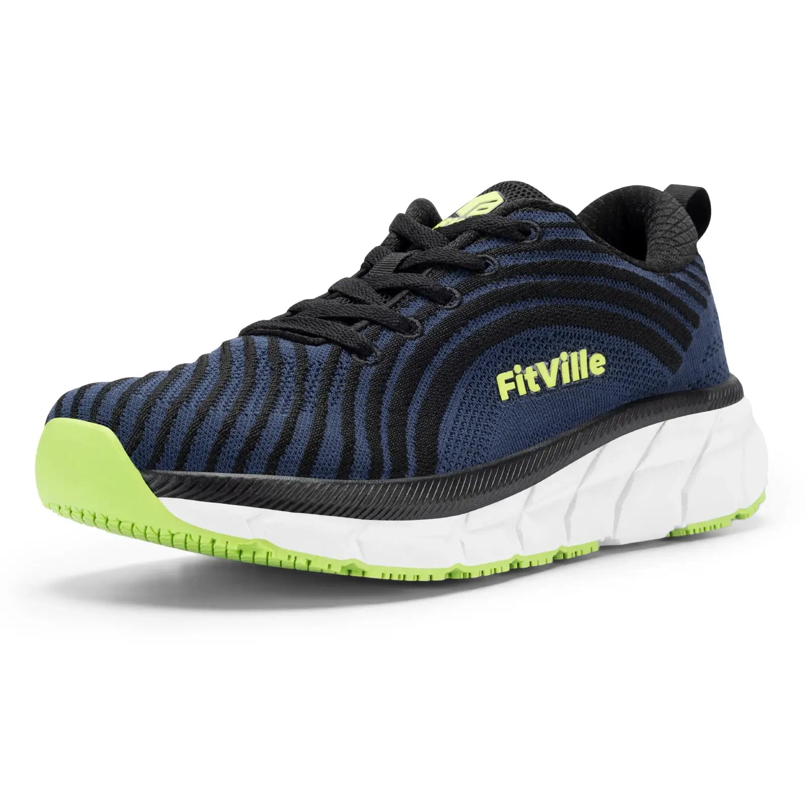 FitVille men's running shoe with wide toe box, navy knit upper and neon lime accents.