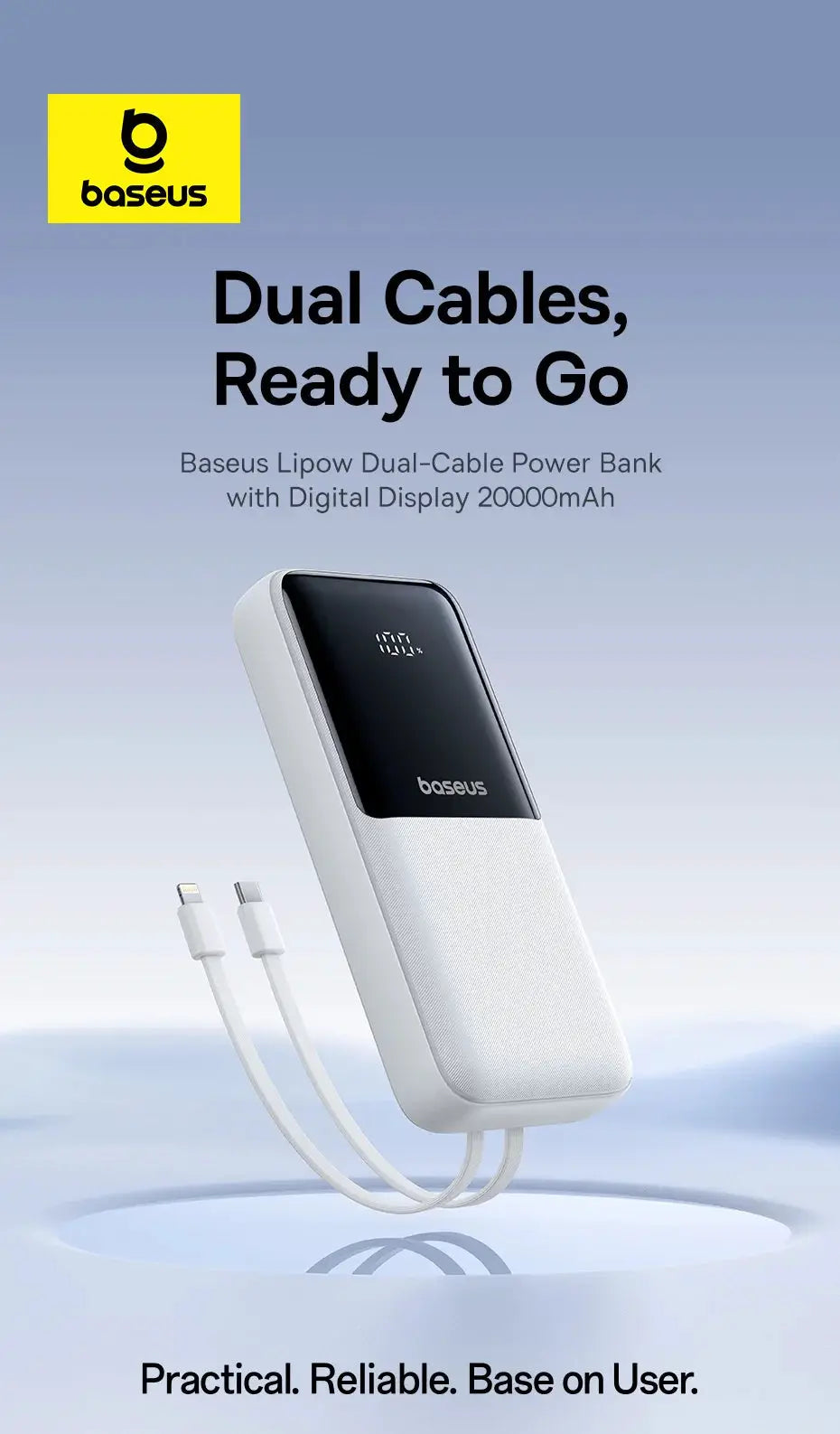 Baseus 20000mAh dual-cable power bank with digital display, white, PD 22.5W fast charging for iPhone, iPad, Samsung
