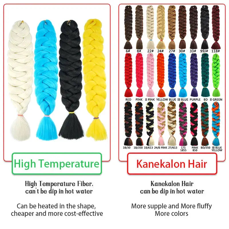 Simples Market 82-inch Kanekalon jumbo braiding hair, 4 bundles in white, blue, black and yellow with color swatch chart