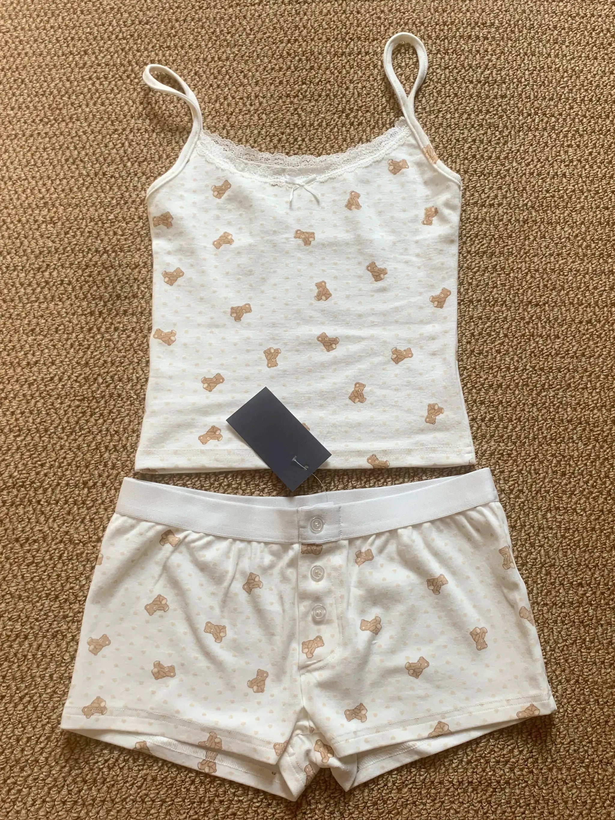 Strawberry Print Vest And Shorts Set For Women Eyelet Bow Tank Top
