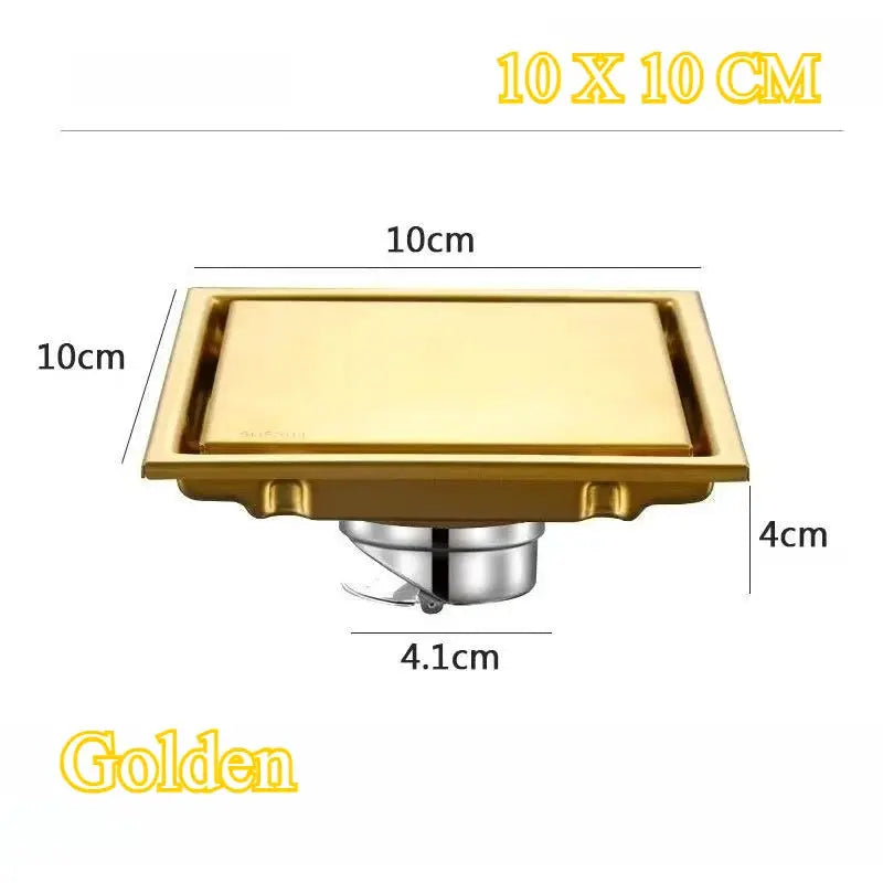 Large flow square floor drain in gold finish with 304 stainless steel base, 10x10 cm, Simples Market.
