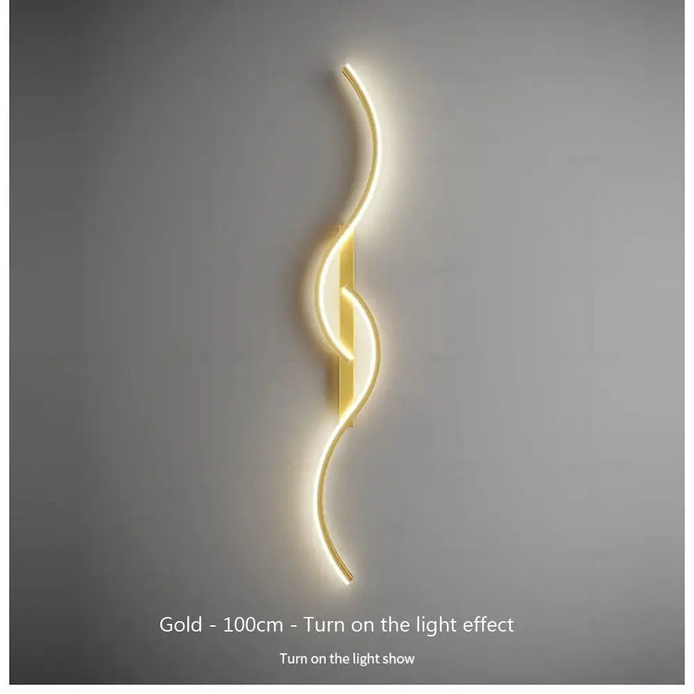 Gold LED wall lamp, 100 cm long curved wave sconce by Simples Market