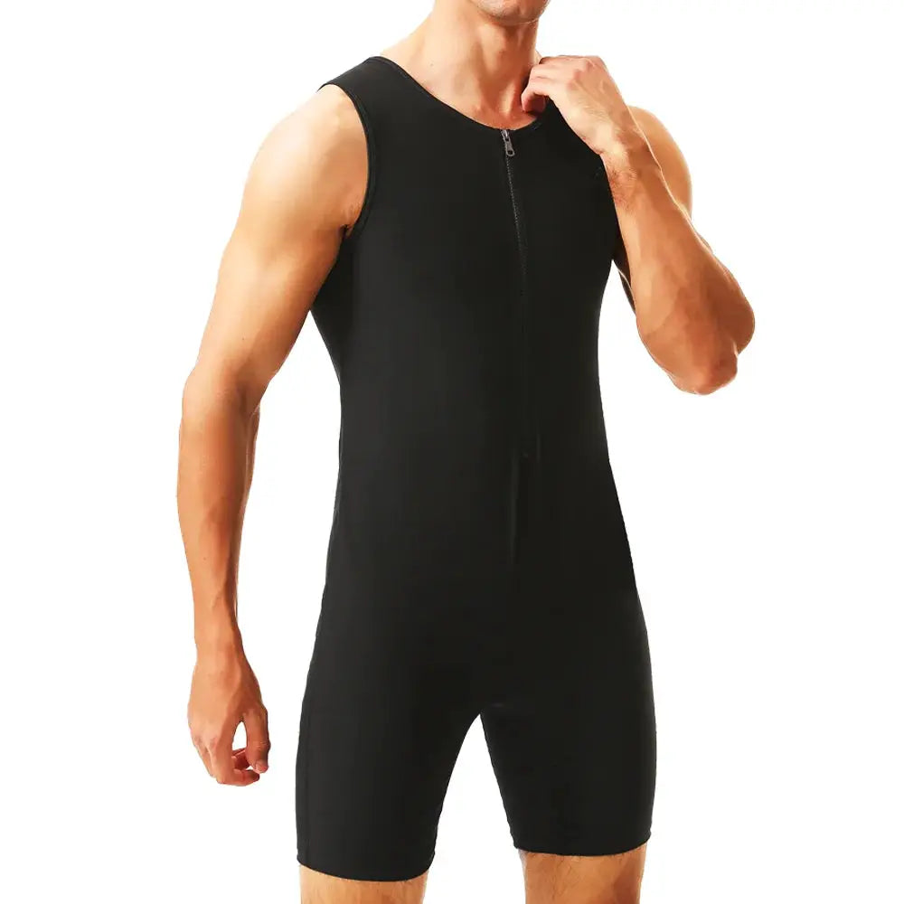 Men's black sleeveless sauna jumpsuit with front zipper for waist training and body shaping