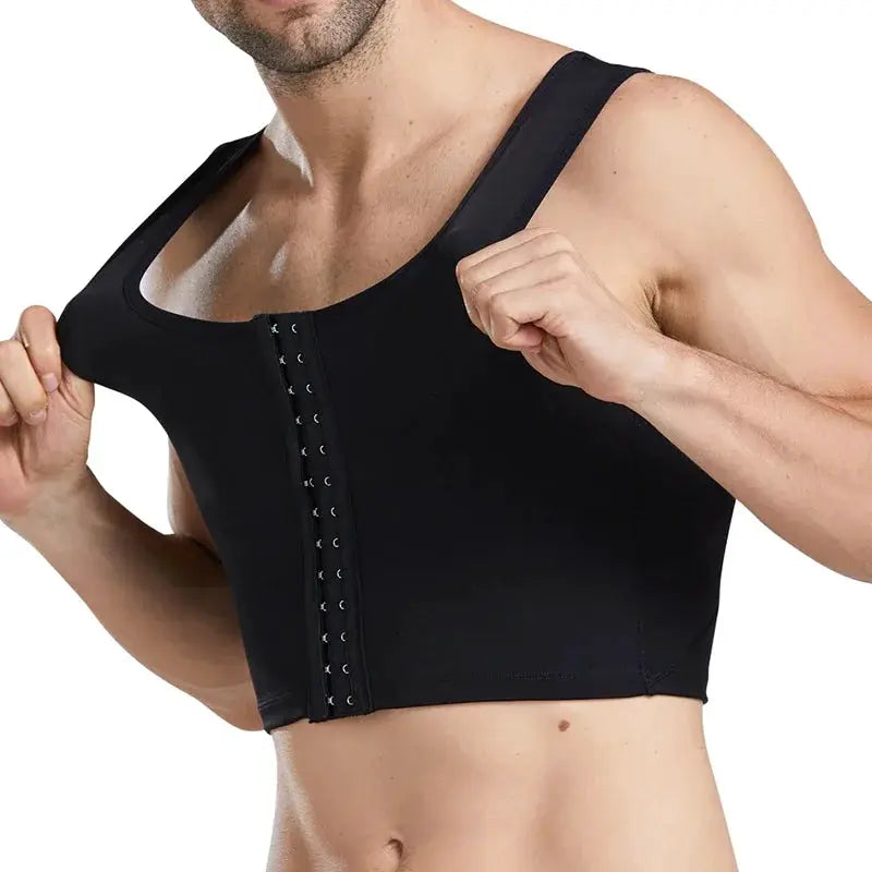 Men's black compression vest by Simples Market with front hook closures for chest and abdomen shaping