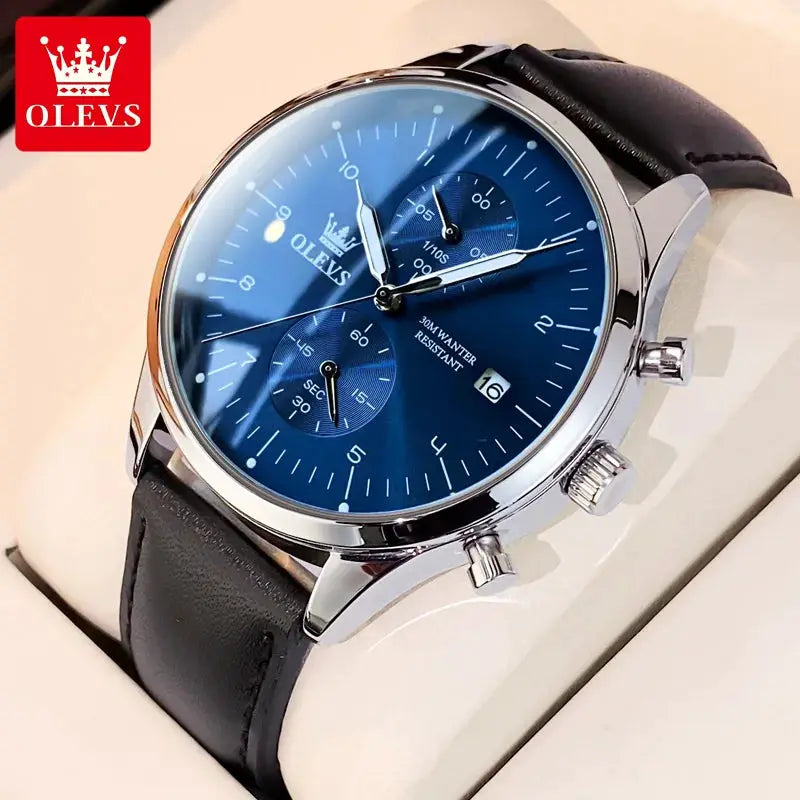 OLEVS men's wristwatch with blue dial, stainless steel case, black leather strap, chronograph subdials and date window