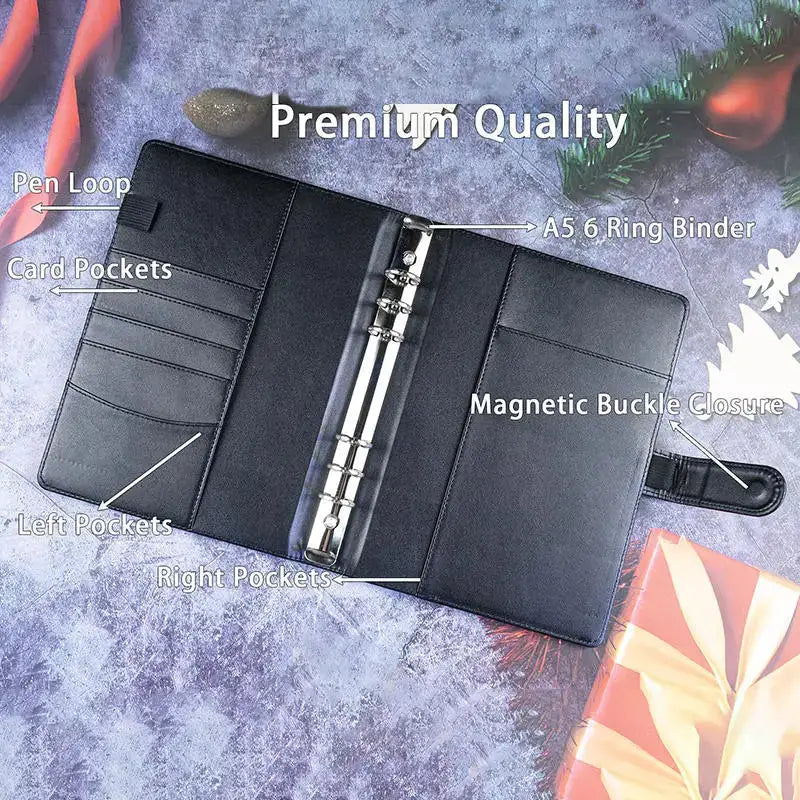 A5 PU leather binder by Simples Market, black, 6 rings with 4 card pockets and pen loop.