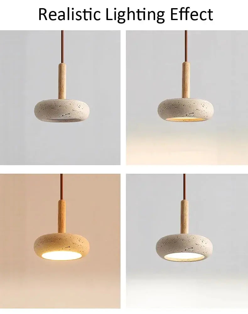 Circular stone LED pendant lamp with wood stem, beige speckled shade; 4-view set