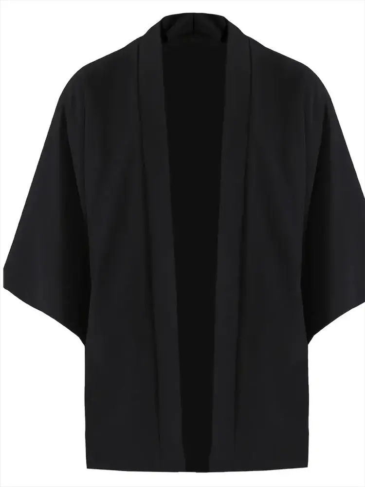 Men's black kimono cardigan with open front, lightweight 3/4 sleeve outerwear