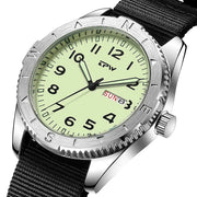 Simples Market TPW 40mm field watch with lime dial, black fabric strap and day/date window