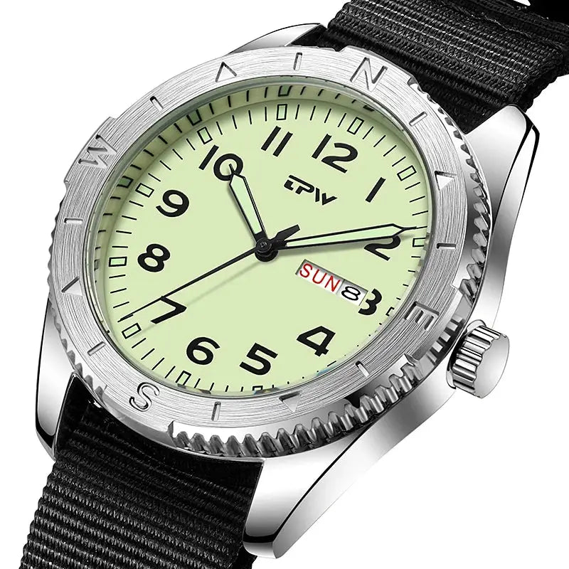 Simples Market TPW 40mm field watch with lime dial, black fabric strap and day/date window