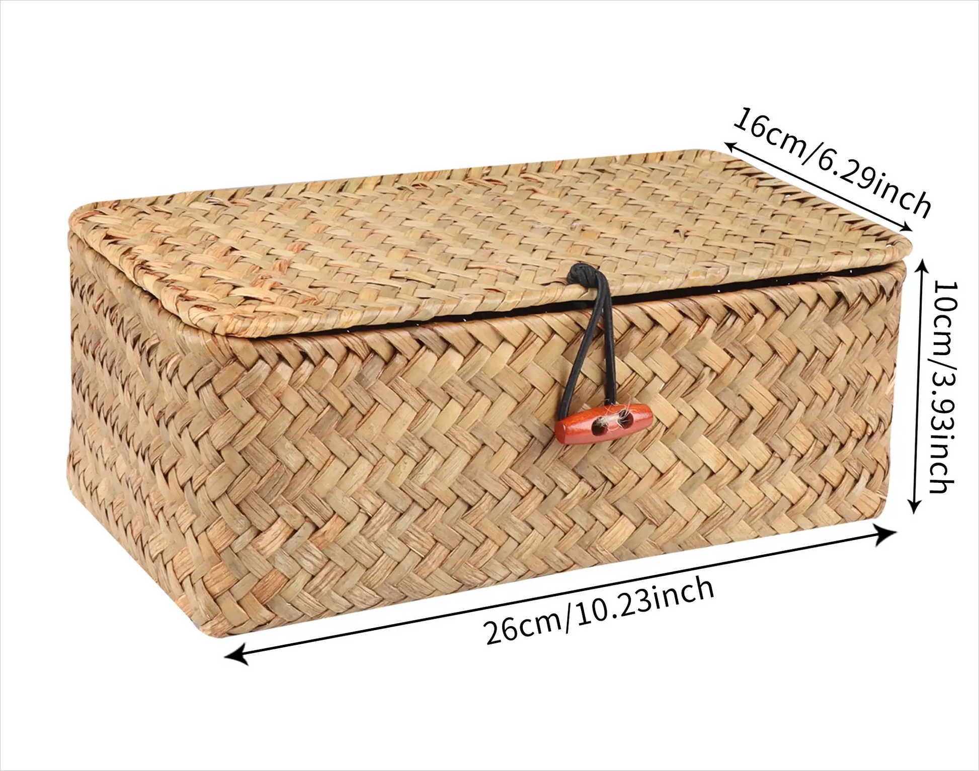Rectangular woven seagrass storage basket with lid, natural color; multipurpose makeup organizer